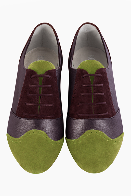 Pistachio green, mulberry purple and wine red women's fashion lace-up shoes. Round toe. Flat leather soles. Top view - Florence KOOIJMAN